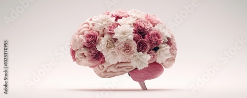 A creative representation of a brain adorned with blooming pink flowers on a soft gradient background. photo