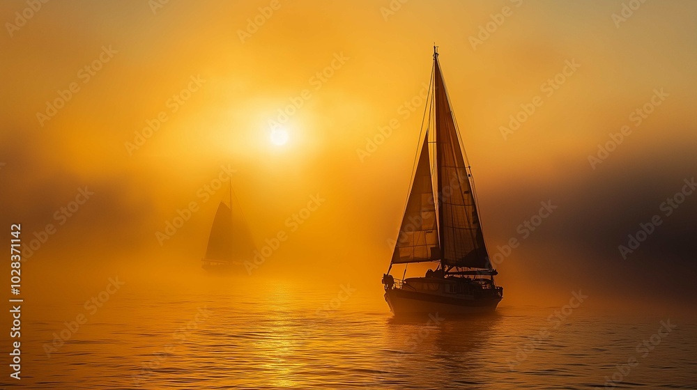 Fototapeta premium Sailboat sailing ocean sunset hazy fog ships sails underneath random arts bright sun camp half blood passages last light 