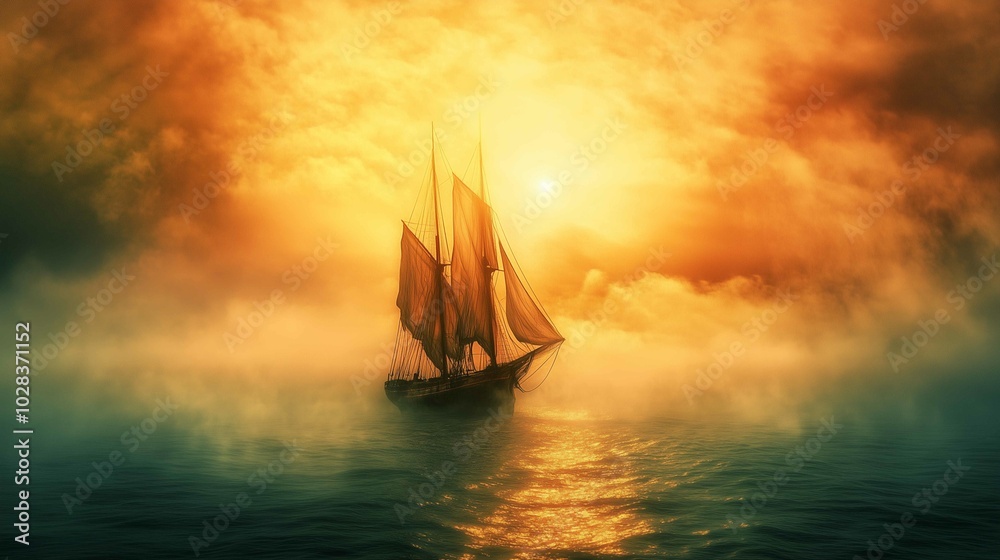 Obraz premium Sailboat sailing ocean sunset hazy fog ships sails underneath random arts bright sun camp half blood passages last light 