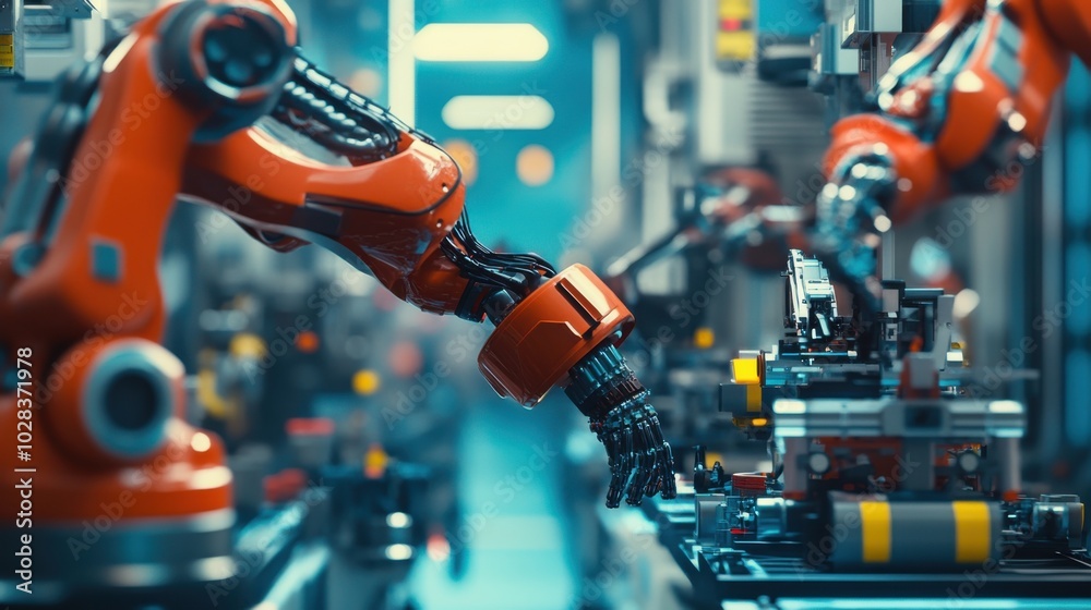 Robotic arms working efficiently on a high-tech production line, assembling components in an advanced manufacturing process with precision. Robotic arms working efficiently on a high-tech production line, assembling components in an advanced manufacturing process with precision.