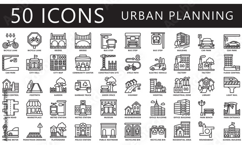 Urban planning black outline icons set. contain building, garden, bridge, office, residential, transport and more. Vector EPS 10 for UI or UX kit, web and app, construction, environment, industry