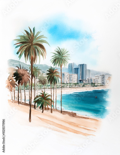 Watercolor sunny beachfront city with tall palm trees, ocean waves. Summer vacation and travel