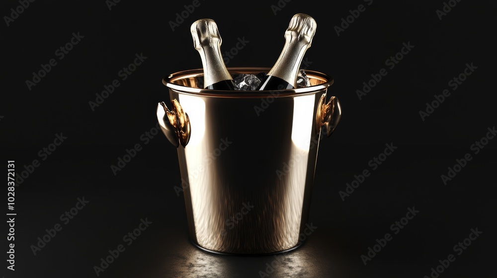 Metal ice bucket with champagne on a black background. Metal ice bucket with champagne on a black background.