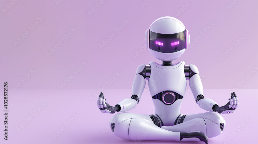 Fototapeta premium Robot doing yoga on light purple color