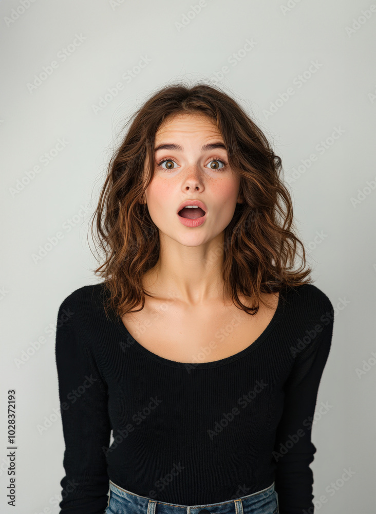 Obraz premium A brunette woman posing surprised expression , radiating happiness and beauty.