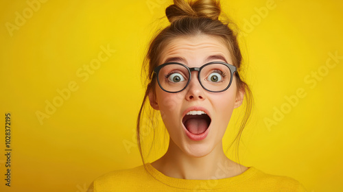 Young woman happy surprised expression isolated on yellow background, copy space