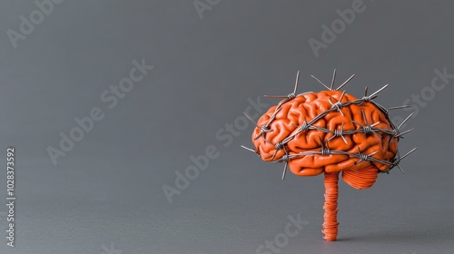 A unique orange brain sculpture featuring spikes on a minimalist backdrop. photo