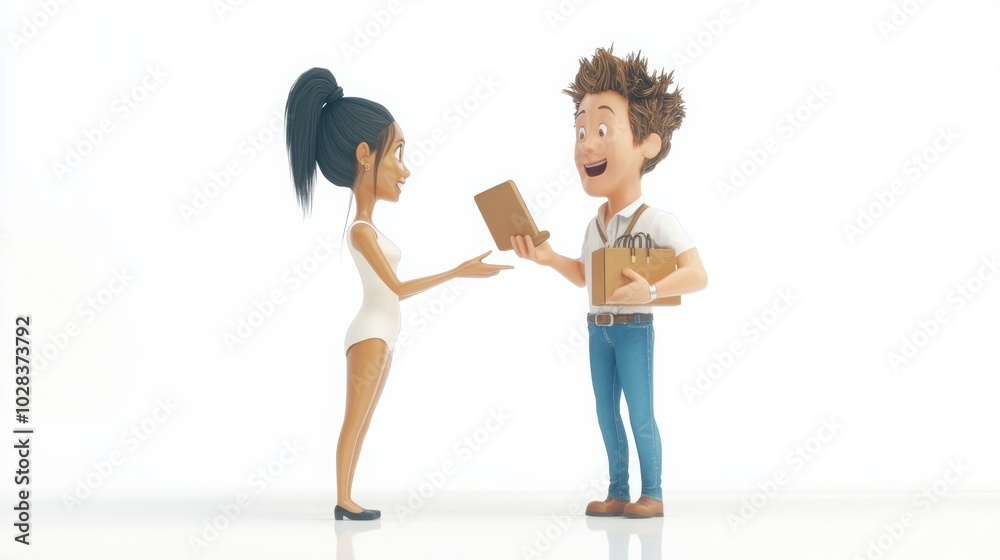 Two cheerful cartoon characters exchanging a gift and shopping bags, symbolizing friendship, generosity, and casual interactions in a lighthearted setting. Two cheerful cartoon characters exchanging a gift and shopping bags, symbolizing friendship, generosity, and casual interactions in a lighthearted setting.
