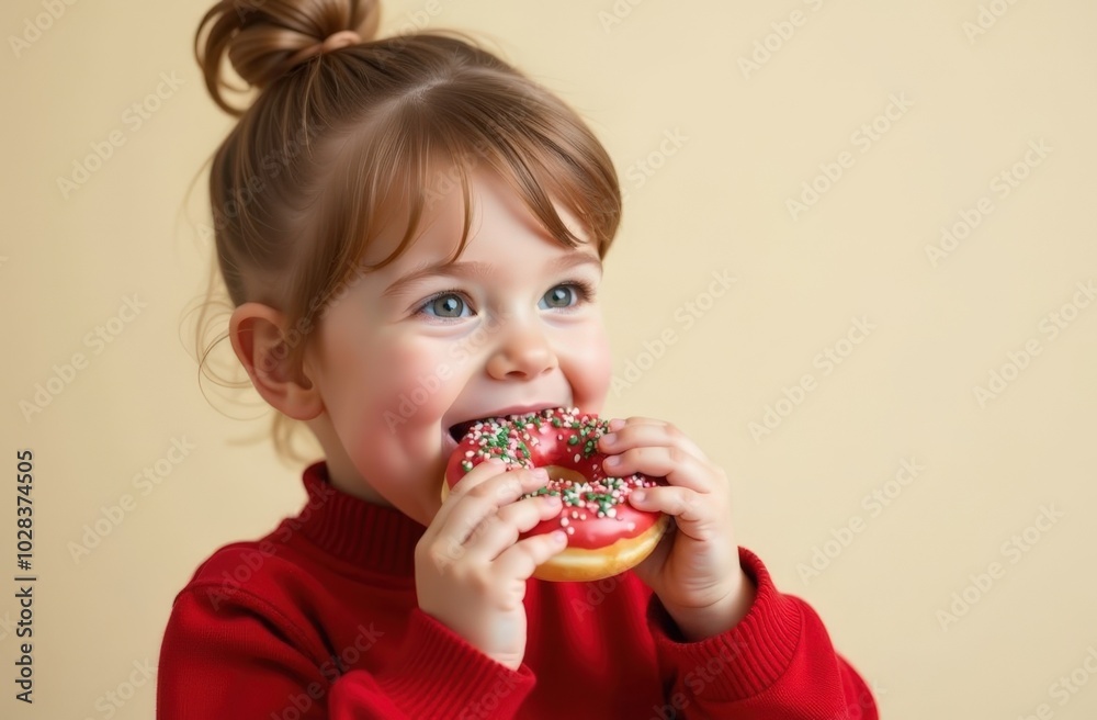 Happy cute little girl in red Christmas sweater eating sweet donut over beige background. Happy cute little girl in red Christmas sweater eating sweet donut over beige background.