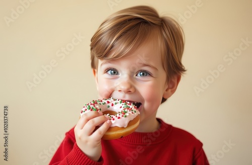 Happy cute little boy in red Christmas sweater eating sweet donut.