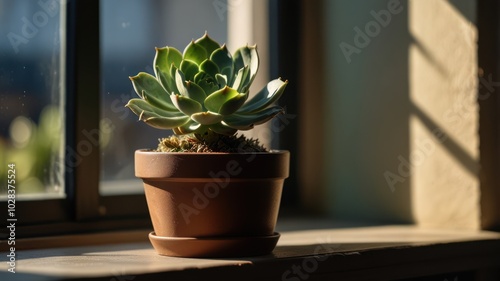 A potted succulent plant sits on a windowsill, bathed in warm sunlight.