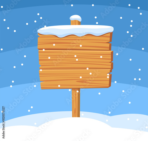 Wooden signboard lying in a snowbank. Simple winter designs or outdoor themes.Backdrop for messages. Christmas vector illustration.