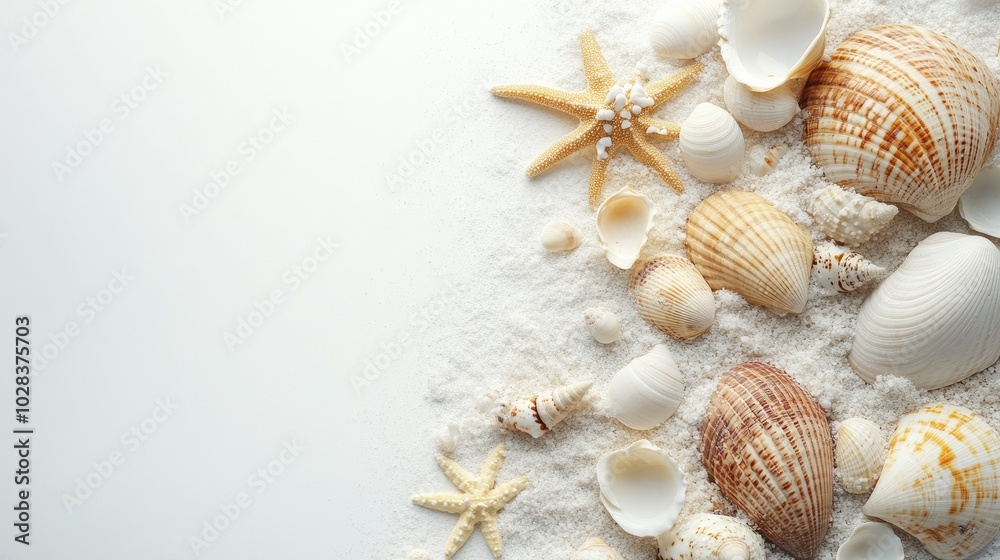 Beach-themed arrangement of shells and sand on a bright white background, tranquil atmosphere. Beach-themed arrangement of shells and sand on a bright white background, tranquil atmosphere.
