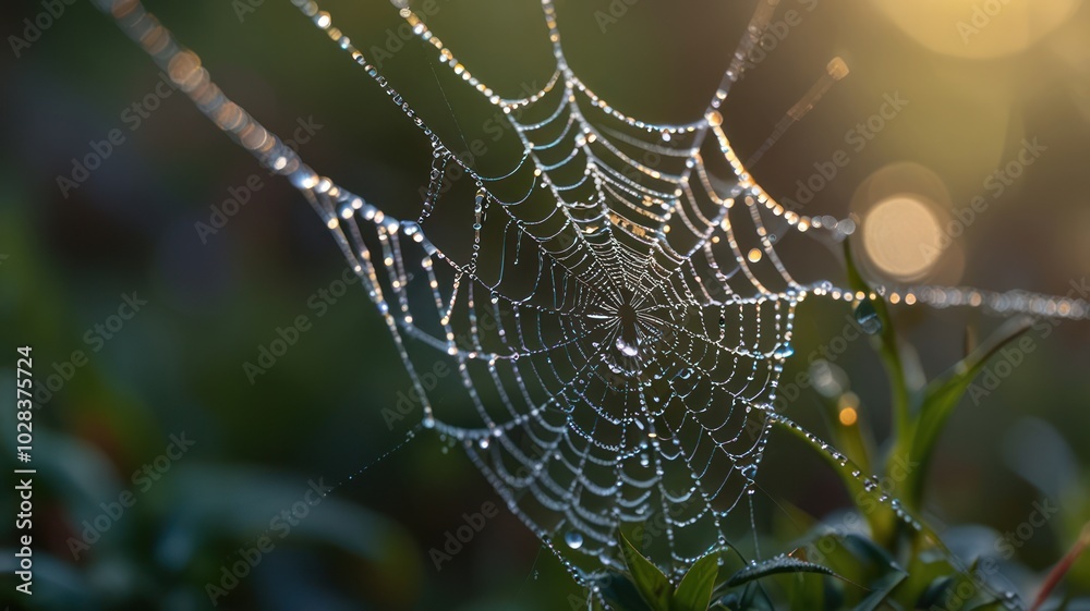 A spiderweb with dewdrops in the morning sun. A spiderweb with dewdrops in the morning sun.