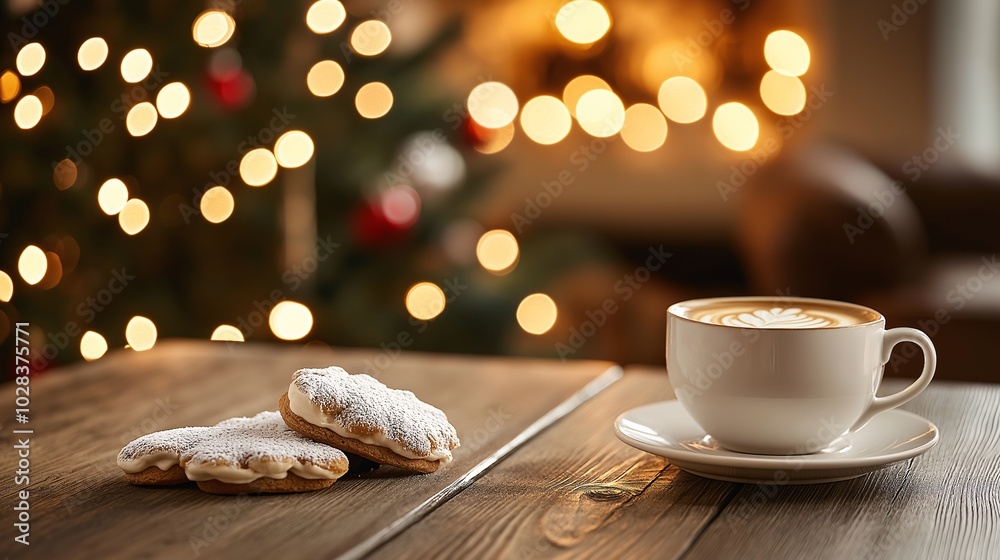Obraz premium Cozy Christmas Treats with Coffee and Bokeh Background