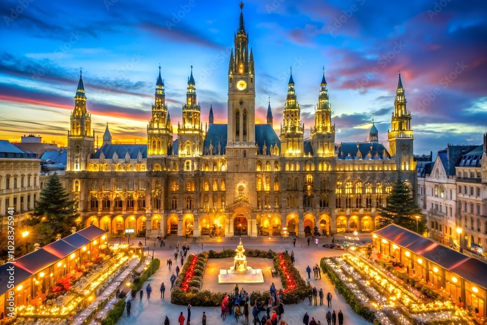 Obraz premium A grand Christmas market in front of the illuminated Vienna City Hall at sunset. The majestic building and festive stalls create a magical holiday atmosphere in the heart of the city.