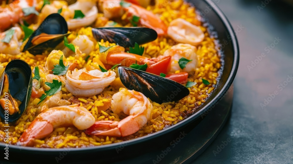 Close-up of sizzling seafood paella, rich saffron color, busy market, street food, Spanish tradition Close-up of sizzling seafood paella, rich saffron color, busy market, street food, Spanish tradition
