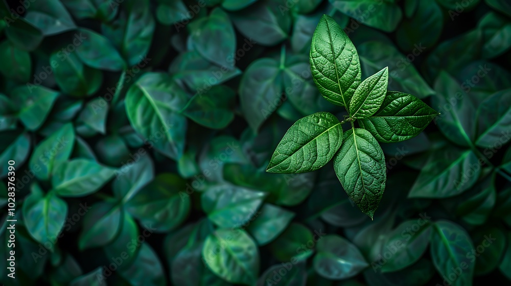 A Single Sprout Emerging from a Dense Foliage of Green Leaves.