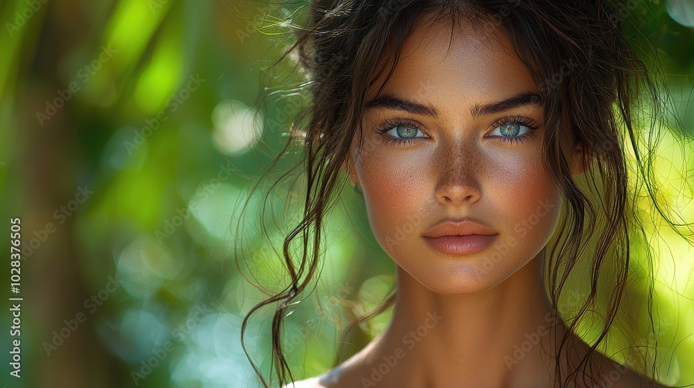 Young woman with captivating blue eyes surrounded by lush greenery, enjoying a moment of tranquility in a vibrant tropical setting Young woman with captivating blue eyes surrounded by lush greenery, enjoying a moment of tranquility in a vibrant tropical setting