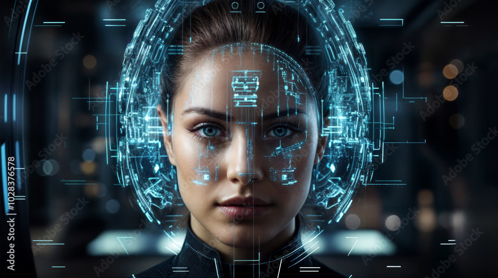 Futuristic Face scanning system with intricated circular thin blue lines in front of a Woman front face with black hair and blurry dark background Futuristic Face scanning system with intricated circular thin blue lines in front of a Woman front face with black hair and blurry dark background