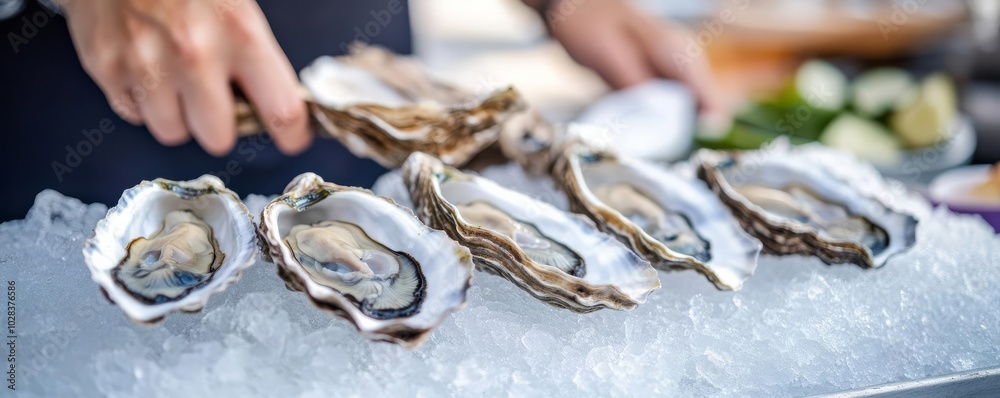 Fresh oysters on ice, vendor shucking them for customers, seaside market, street food, seafood indulgence Fresh oysters on ice, vendor shucking them for customers, seaside market, street food, seafood indulgence