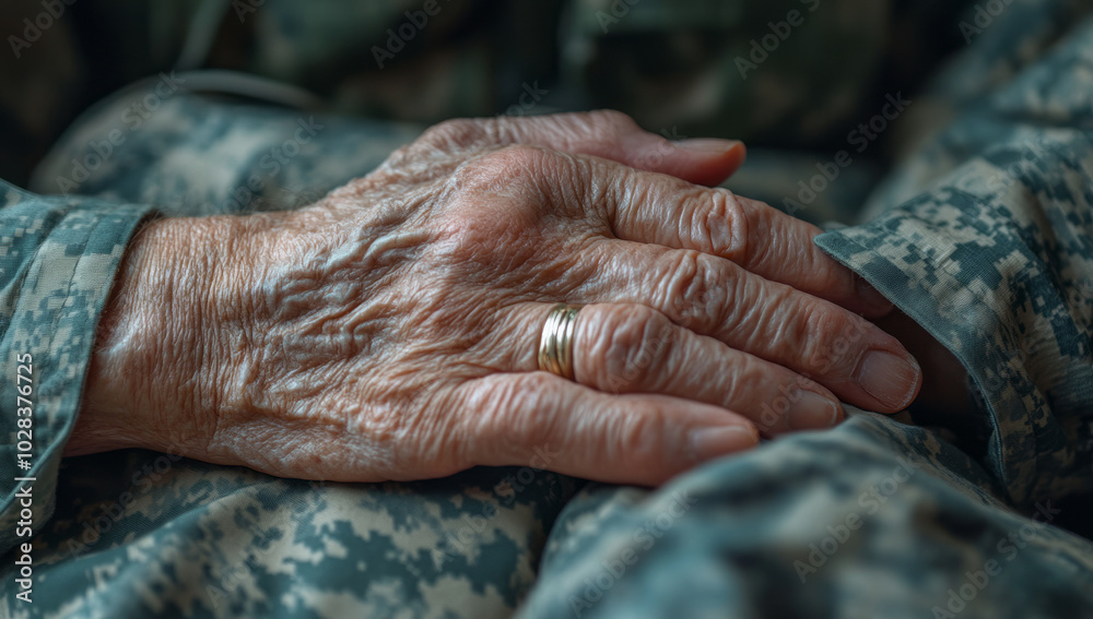 Fototapeta premium A soldier in military fatigues holds the hand of an elderly person at their doctor's office, showing signs of technique and support for mental health care during post-military stills.