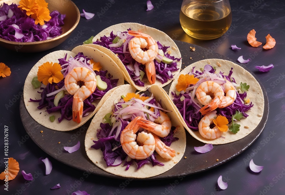 Tacos with grilled prawns and purple cabbage on a black slate background, garnished with lime wedges and cilantro. Tacos with grilled prawns and purple cabbage on a black slate background, garnished with lime wedges and cilantro.