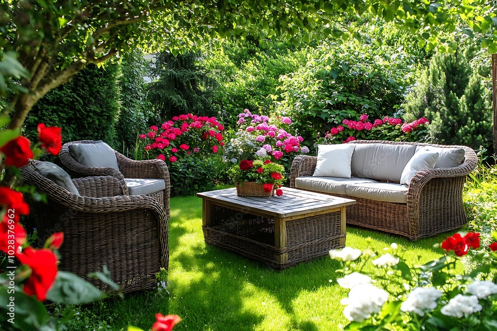 Elegant Garden Setting with Outdoor Sofa and Flowers, Perfect for Entertaining or Relaxation Elegant Garden Setting with Outdoor Sofa and Flowers, Perfect for Entertaining or Relaxation
