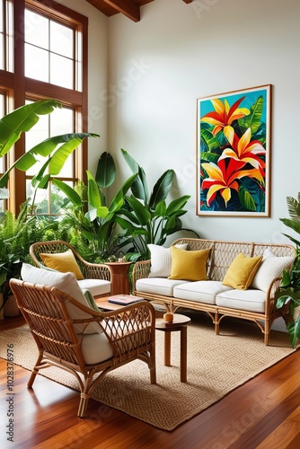 Tropical modern living room interior design with poster frame