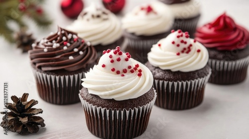 Elegant Christmas-themed cupcakes with smooth icing and delicate decorations, artfully arranged on a white surface for a holiday treat.