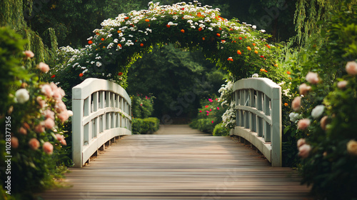 A charming pedestrian bridge adorned with flowers photo