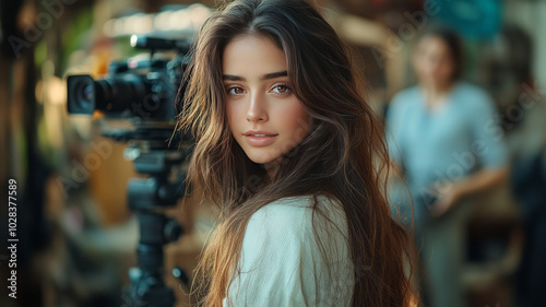 attractive women long dark brown hair at photoshoot surrounded by distant camera