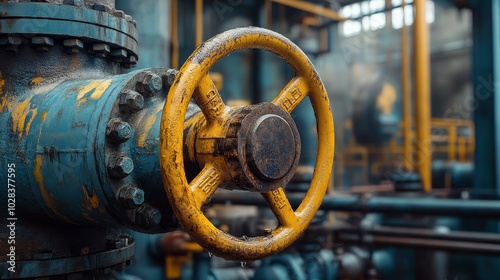 Industrial valve, yellow wheel, blue pipes, factory setting, rusty textures, metal mechanics, engineering environment