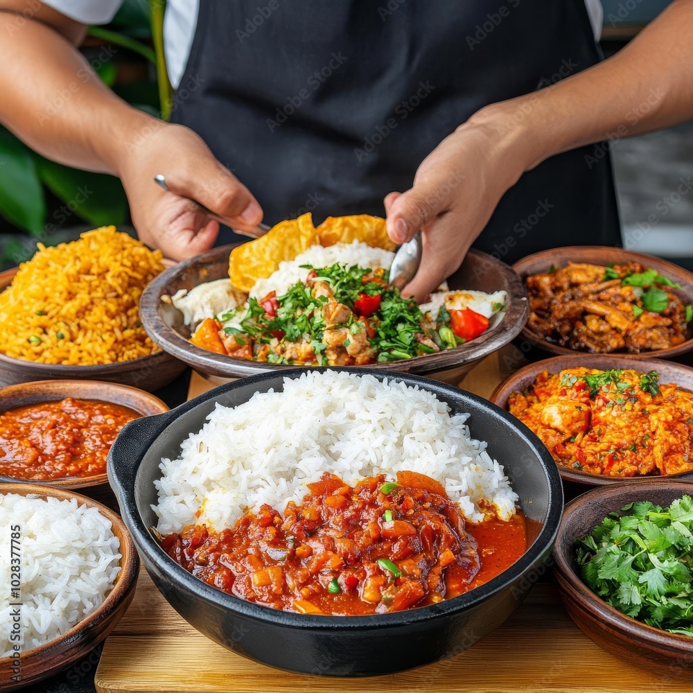 Man serving rice dishes with spicy sauces, variety of sides, street food, comforting meals