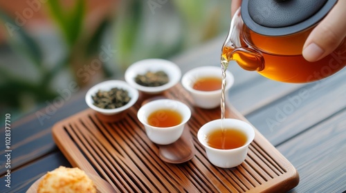 Fototapeta Naklejka Na Ścianę i Meble -  Man pouring tea from a height into small cups, traditional setup, street food, beverage ritual