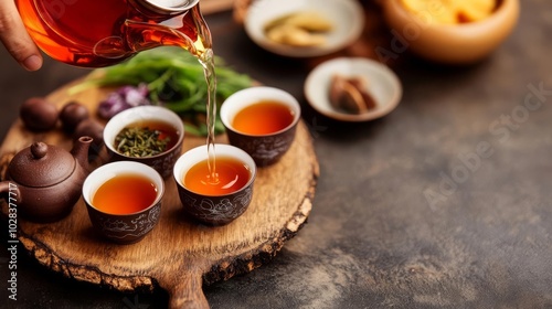 Fototapeta Naklejka Na Ścianę i Meble -  Man pouring tea from a height into small cups, traditional setup, street food, beverage ritual