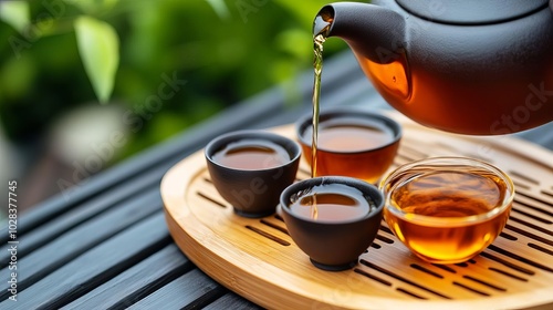 Fototapeta Naklejka Na Ścianę i Meble -  Man pouring tea from a height into small cups, traditional setup, street food, beverage ritual