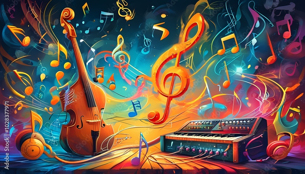 A lively scene with musical notes, instruments, and bright colors swirling together. A lively scene with musical notes, instruments, and bright colors swirling together.