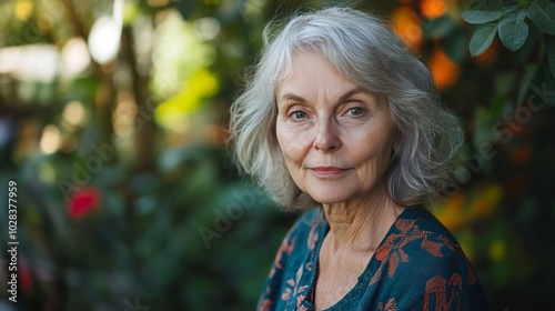 Senior woman with drink on terrace, smiling.