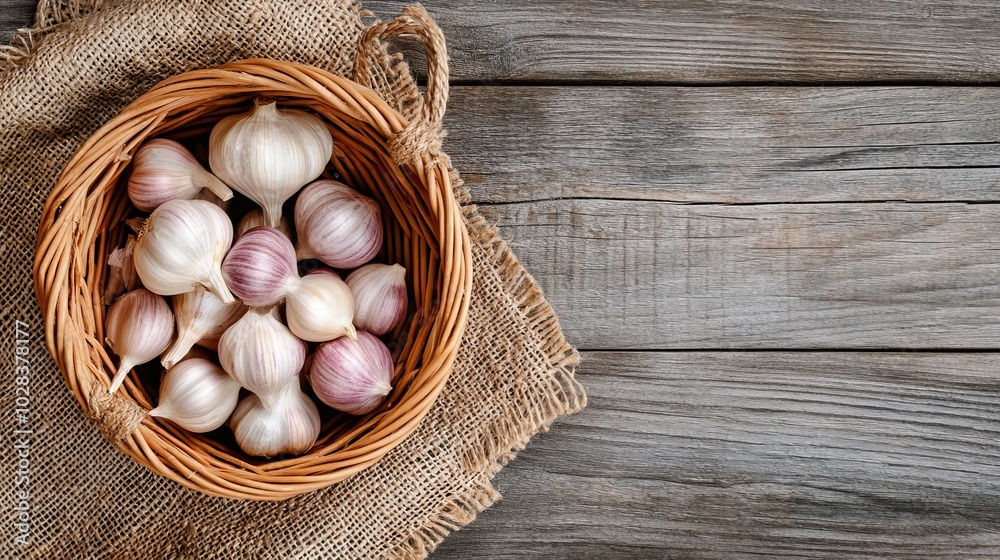 Garlic in wicker basket, autumn harvest ingredient. Garlic in wicker basket, autumn harvest ingredient.