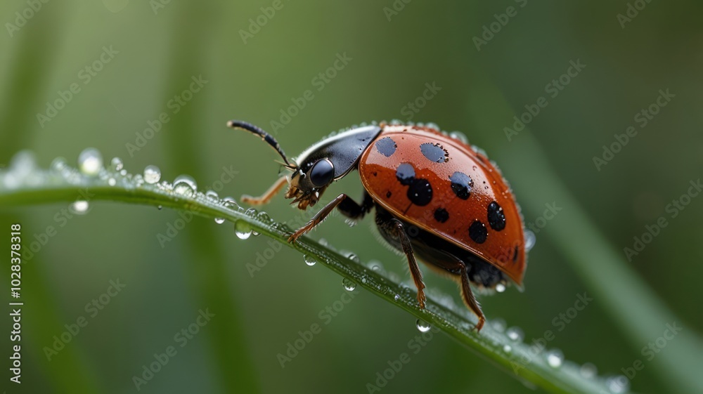 A ladybug with black spots walks across a blade of grass covered in morning dew. A ladybug with black spots walks across a blade of grass covered in morning dew.