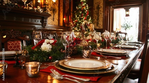 Elegant Christmas Dinner Table Setting with Decorations