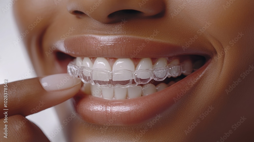 Fototapeta premium Closeup of african american Woman Wearing Clear Orthodontic Aligners for Perfect Smile