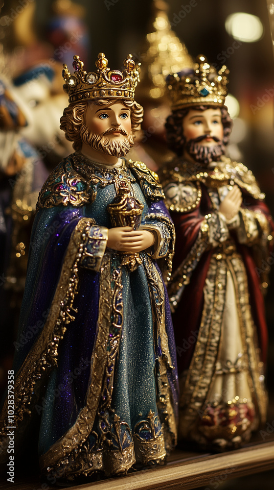 Fototapeta premium Hand-painted king figurines with intricate detailing, adorned with gold crowns and robes, rich textures of fabric and jewels, standing on a decorative shelf