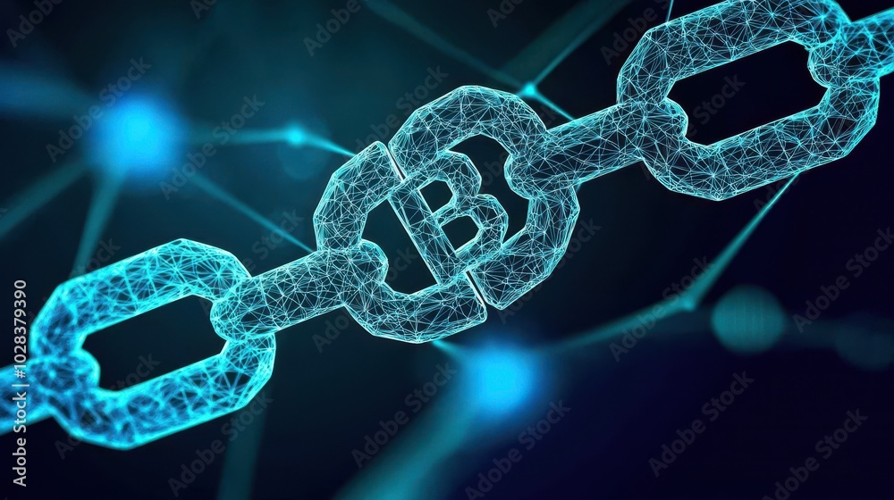 Futuristic blockchain concept, blue glowing links representing digital security and cryptocurrency. Futuristic blockchain concept, blue glowing links representing digital security and cryptocurrency.