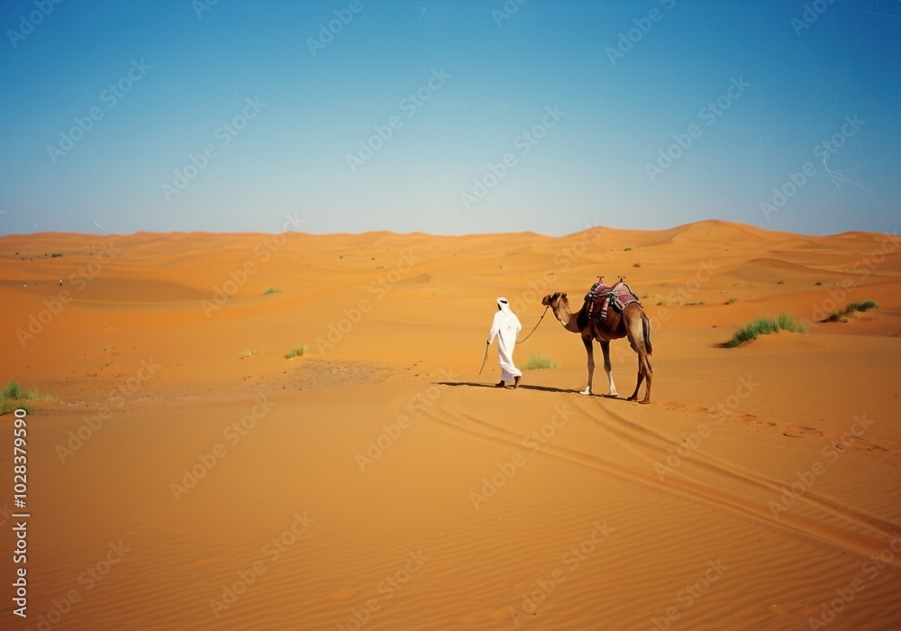 Man leading camel through vast desert landscape under clear blue sky Man leading camel through vast desert landscape under clear blue sky