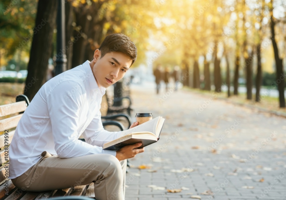 Man reading book on park bench in autumn sunshine