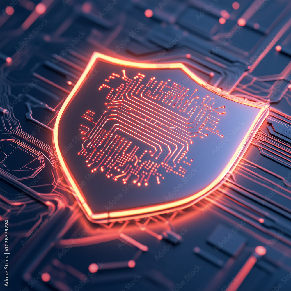 Fototapeta premium A high-tech security shield with a glowing circuit pattern and microchip, symbolizing digital protection, cybersecurity, and secure data systems.