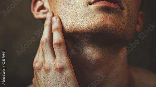 Caucasian man touch his face with his hand, showing his beautiful skin and freshly shaved beard