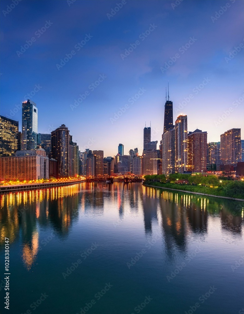 A panoramic view of Chicago's architectural marvels illuminated by the golden hour. A panoramic view of Chicago's architectural marvels illuminated by the golden hour.